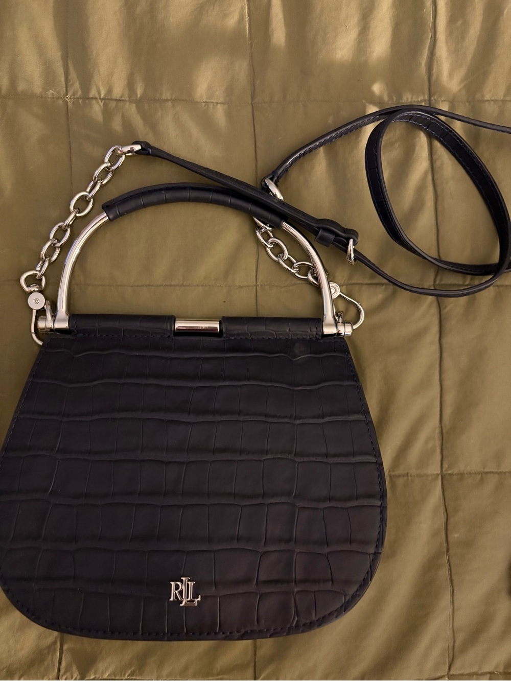 Ralph Lauren Black Croc-Embossed Top-Handle Crossbody Bag